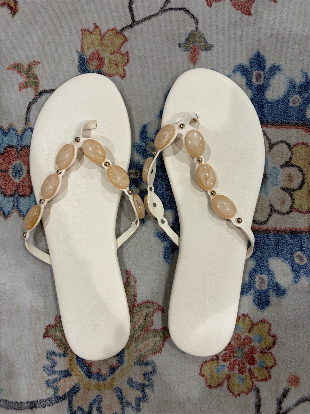 Billini Ivory Jeweled Thong Sandals with Cream Gem Accents